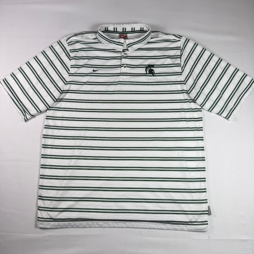 Vintage Nike Team Michigan State Spartans Striped Polo Shirt Mens XL White Green